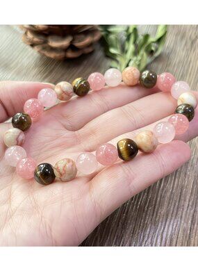 Bracelet Rose Quartz Pink Jasper Tiger Stone 8mm Soothes Body & Mind Handcrafted
